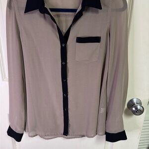 Potter's Pot" beige and black color-block chiffon button-down blouse